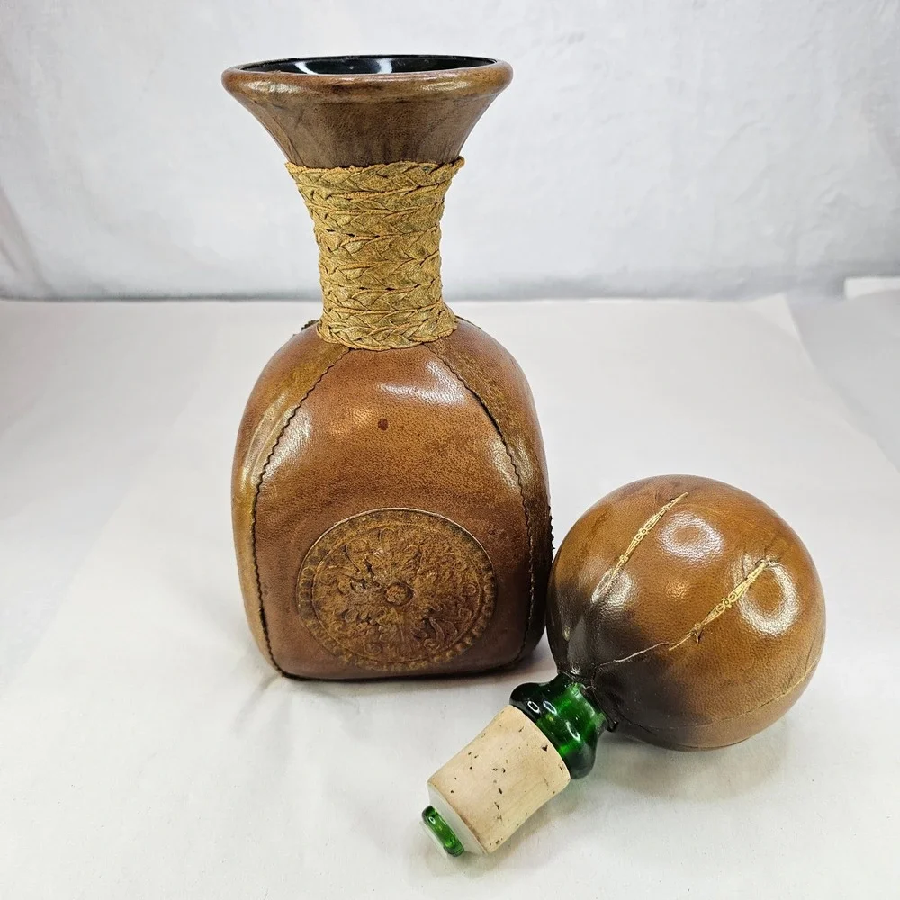 Vintage Brown Leather Decanter Bottle w/ Ball Stopper Rustic Neck Made in‎ Italy